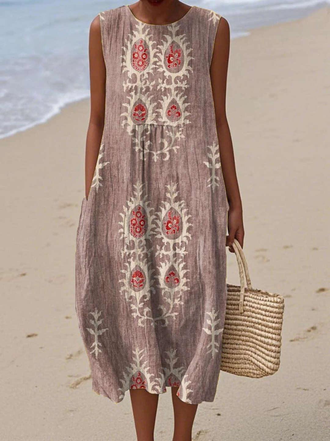 Women's Vintage Ethnic Pattern Art Print Sleeveless Pocket Wrap Dress