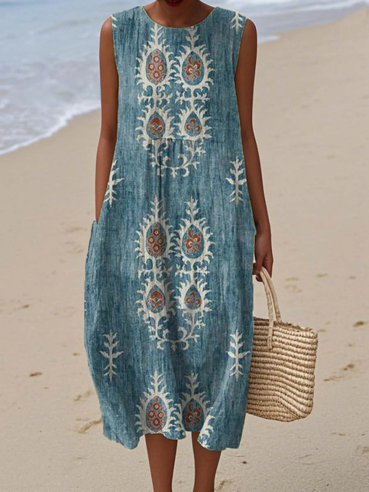 Women's Vintage Ethnic Pattern Art Print Sleeveless Pocket Wrap Dress