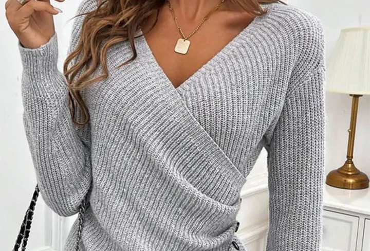 Classy Grey V-Neck Plain Sweater