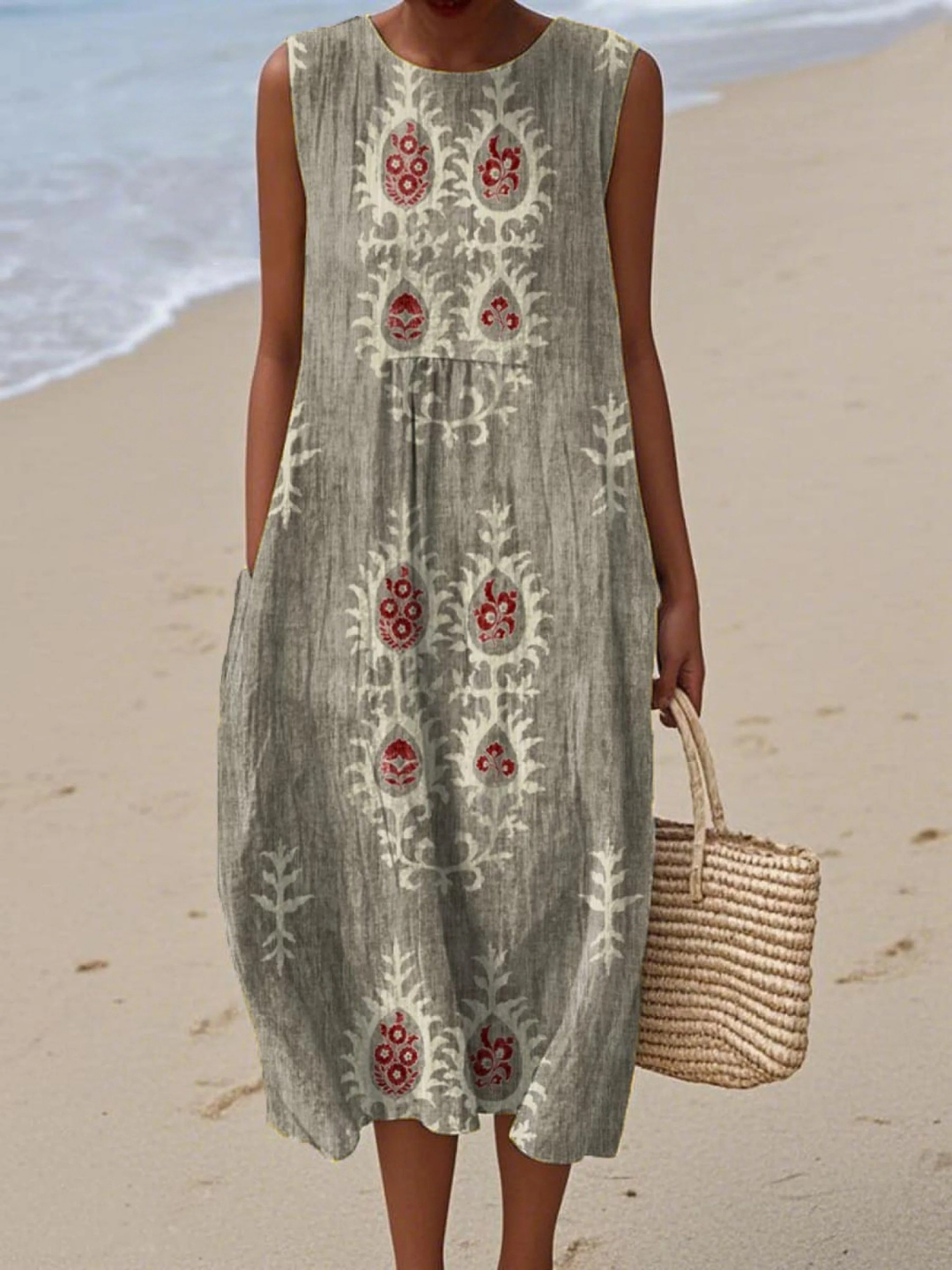 Women's Vintage Ethnic Pattern Art Print Sleeveless Pocket Wrap Dress