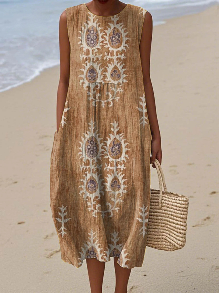 Women's Vintage Ethnic Pattern Art Print Sleeveless Pocket Wrap Dress