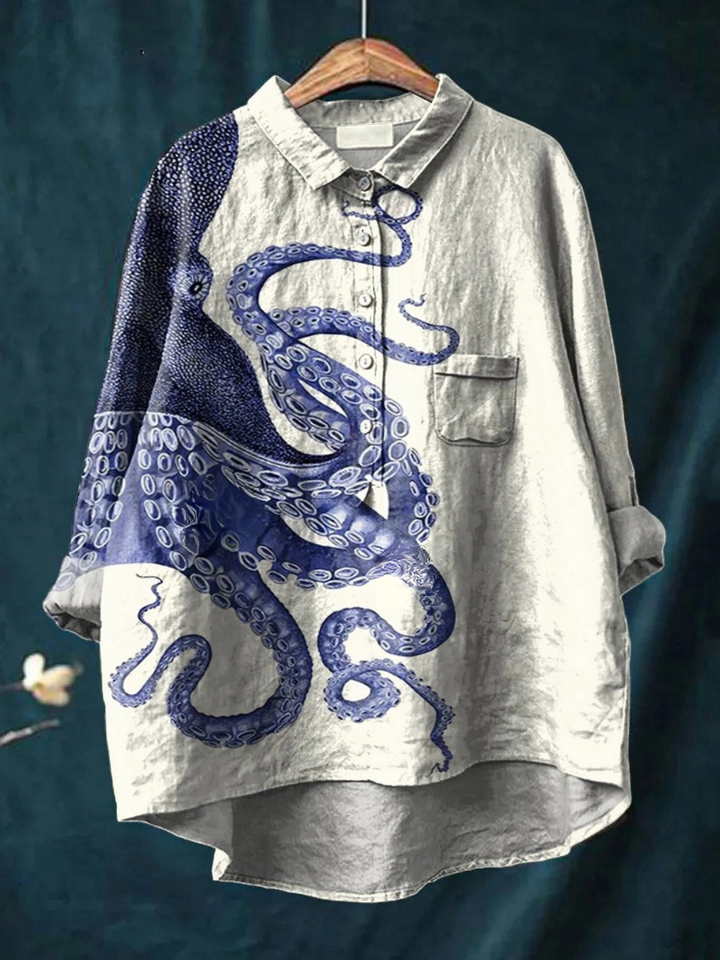 Women's Deep Sea Octopus Tentacles Art Print Casual Cotton And Linen Shirt