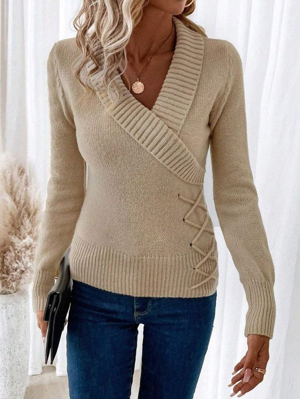Apricot Plain V-Neck Long Sleeve Sweater
