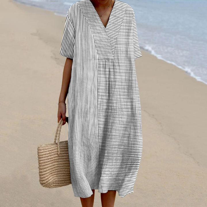Women Vintage Stripes Casual V Neck Midi Dress