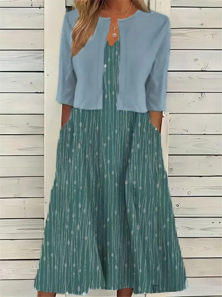 Stylish Floral Two-Piece Dress Set with Solid Crop Top and Round Neckline