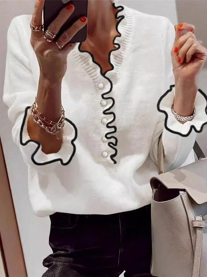 Unique Trim V-Neck Long Sleeve Sweater