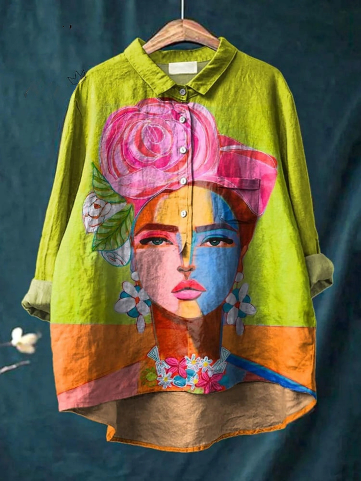 Oil Painting Freda Portrait Art Printed Women's Casual  Shirt