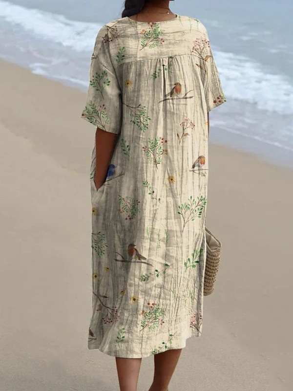 Women's Boughs And Robin Birds Pattern Printed Flowy Dress