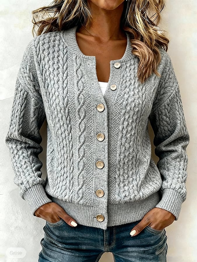Grey Plain Knit Button Front Outerwear