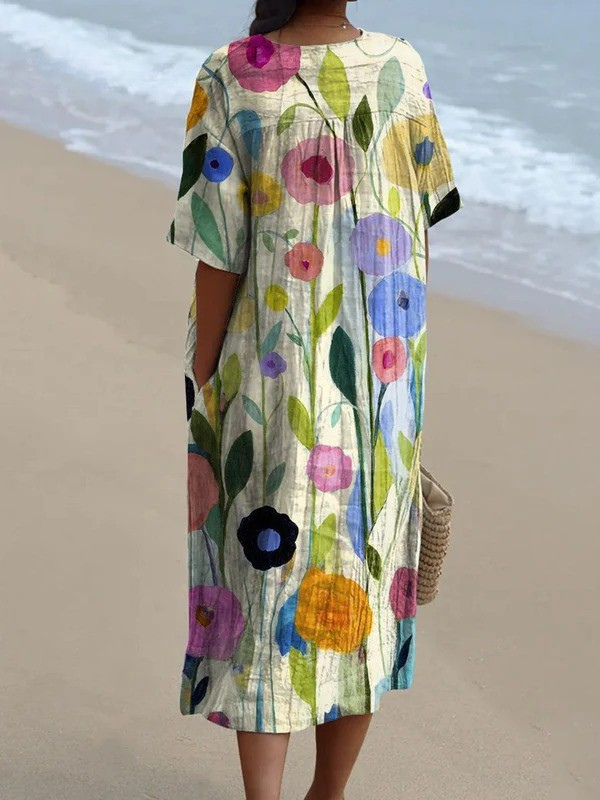 Oil Painting Spring Field Art Printed Women's Flowy Dress