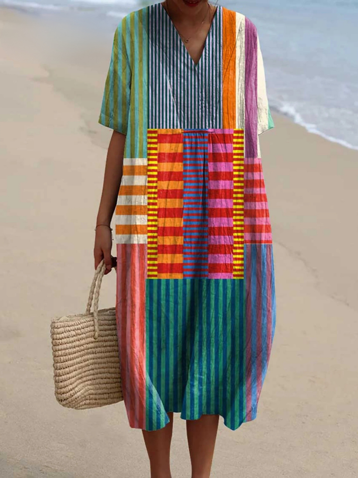 Women's Abstract Geometric Pattern Art Print Flowy Cotton Dress