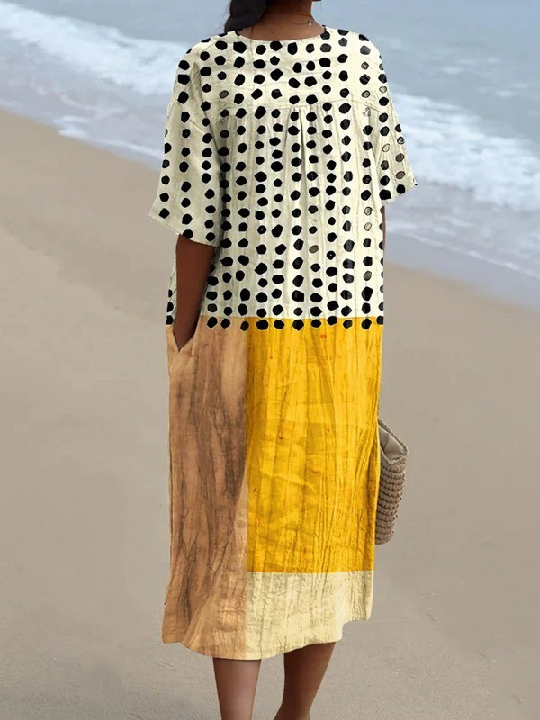 Women's Yellow Color-blocked Dots Watercolor Splash Fluid Art Print Flowy Dress