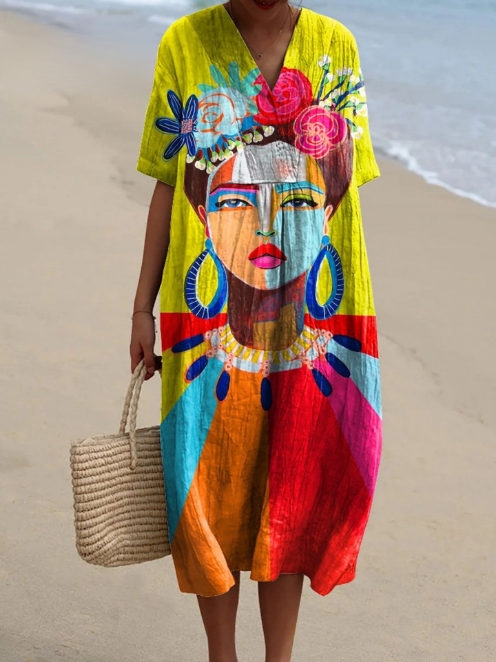 Oil Painting Freda Portrait Art Printed Women's Flowy Dress