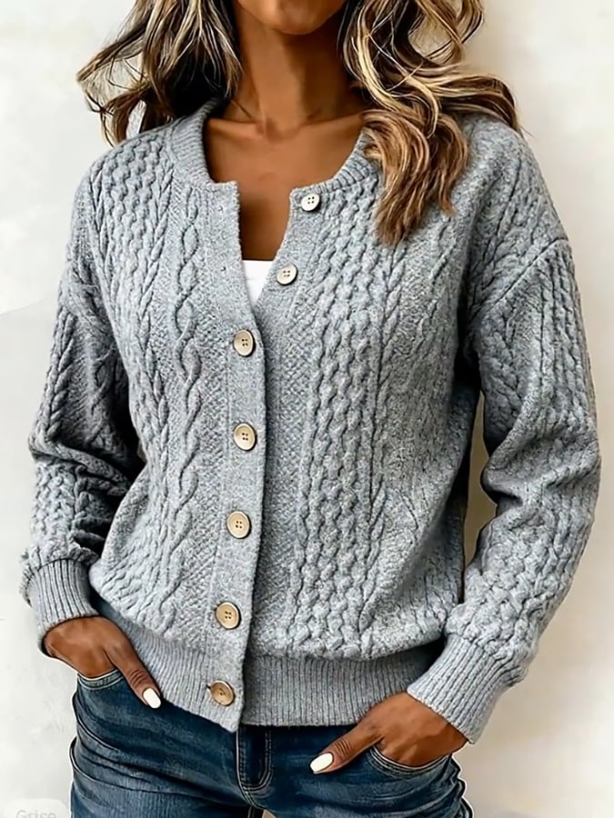 Grey Plain Knit Button Front Outerwear