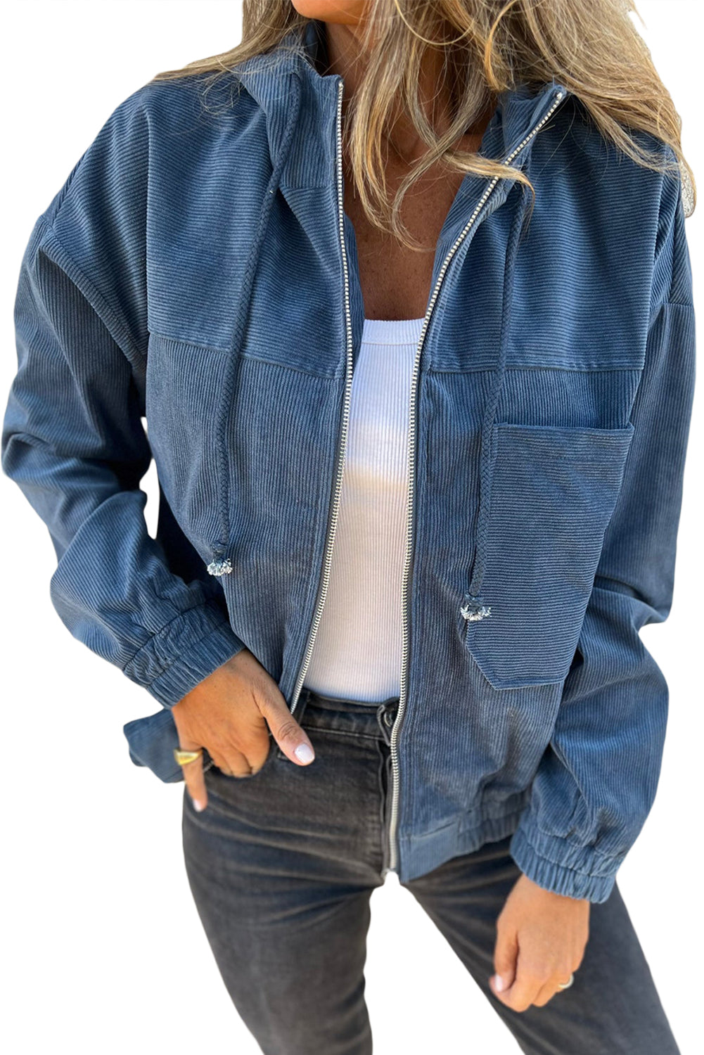 Teal Hooded Zip Jacket with Adjustable Drawstring