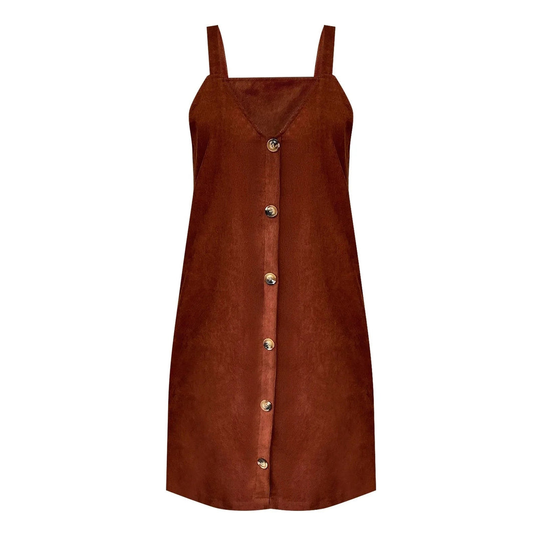 V-Neck Corduroy Dress with Strap Details and Button Accents