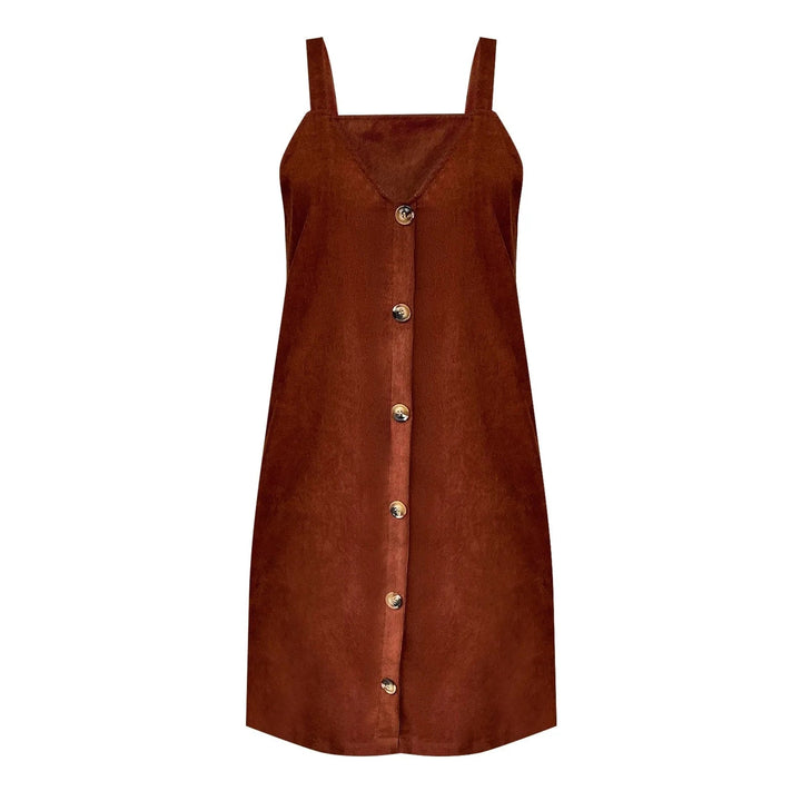 V-Neck Corduroy Dress with Strap Details and Button Accents