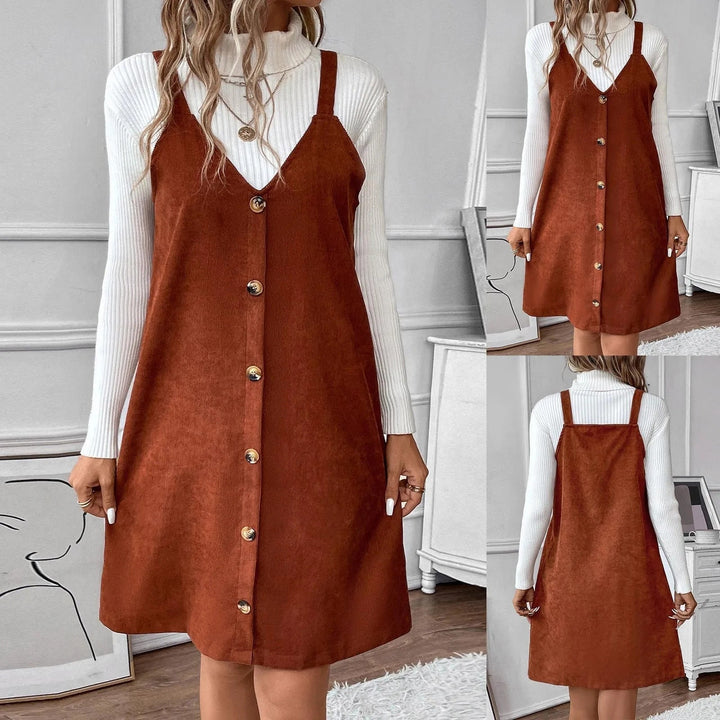 V-Neck Corduroy Dress with Strap Details and Button Accents