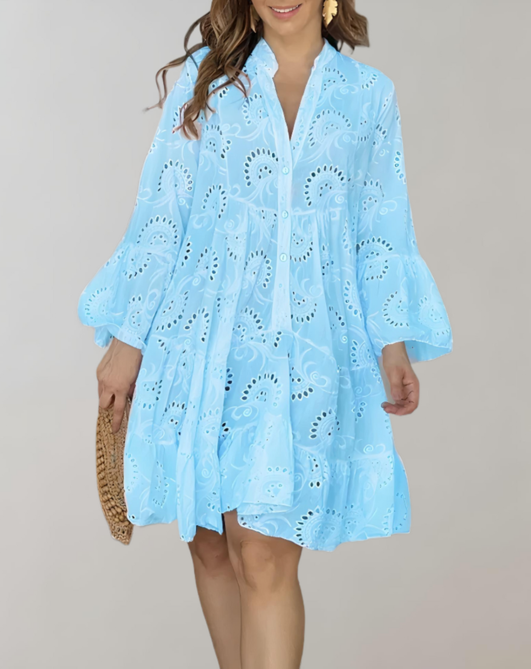 Chic V-Neck Embroidered Dress with Bell Sleeves for Effortless Comfort