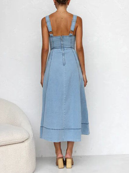 Casual Strap Denim Midi Dress with Button-Up Front