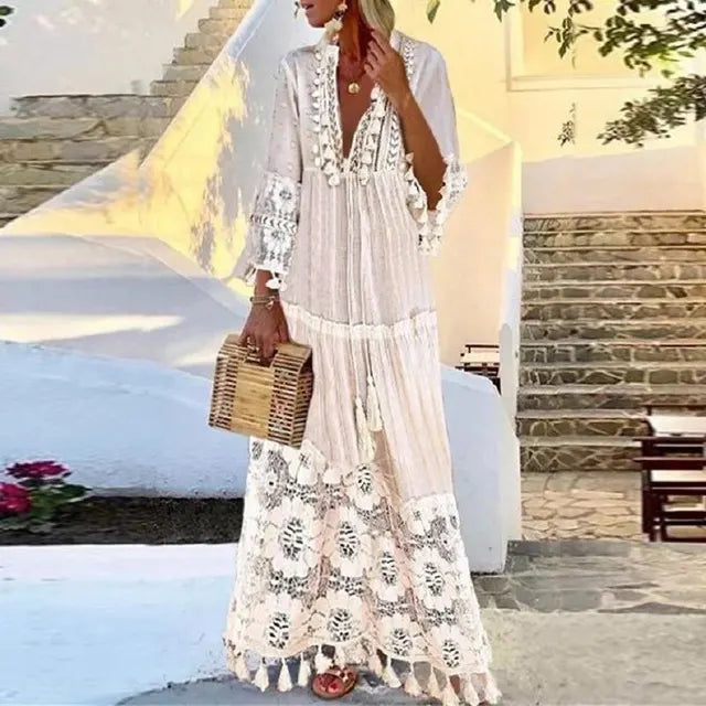 Boho Chic Lace and Fringe Maxi Dress