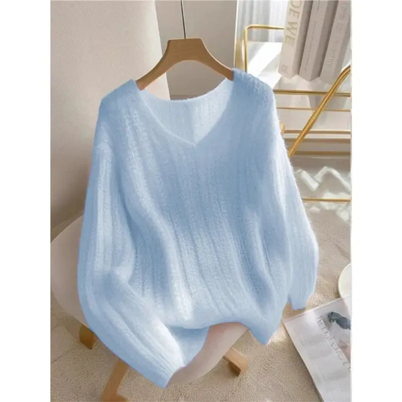 Blue Long Sleeve Plain Sweater