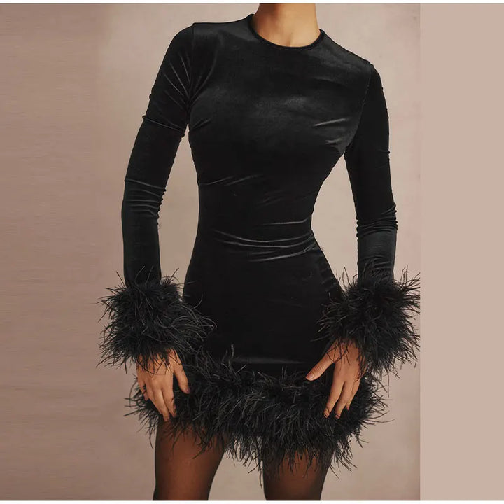 Elegant Sheath Dress with Feather-Trimmed Sleeves