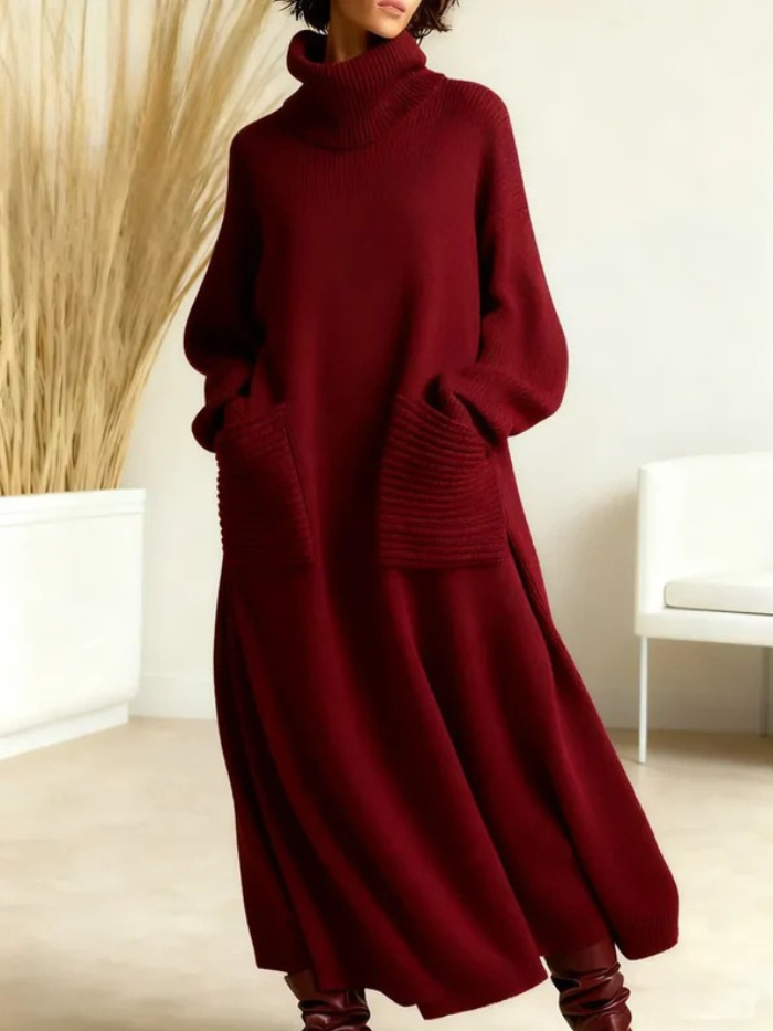 Women's Solid Color High-Neck Long-Sleeve Casual Cotton Knit Dress
