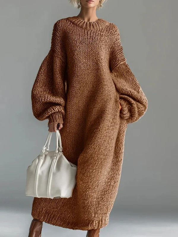 Women's Solid Color Round Neck Long Sleeve Casual Loose Knit Cotton Dress