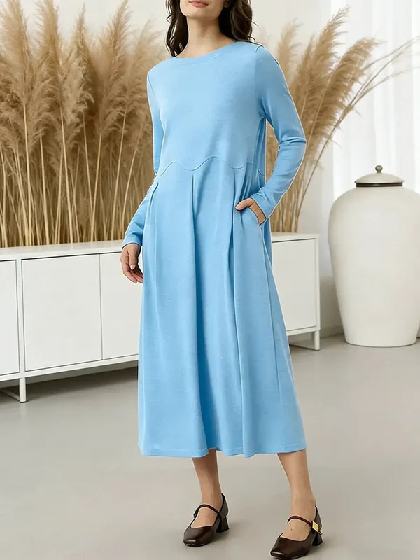 Women's Solid Color Round Neck Long Sleeve Casual Loose Knit Cotton  Dress