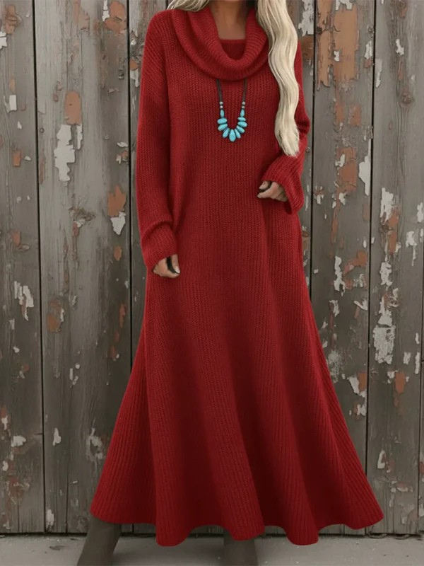 Cozy Cowl Neck Loose A-line Knit Cotton  Dress
