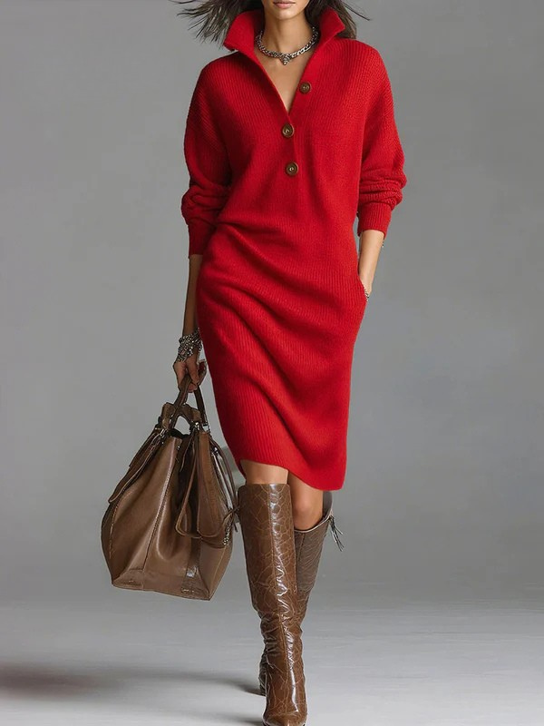 Women's Solid Color Stand Collar Long Sleeve Casual Loose Knitted Cotton  Dress