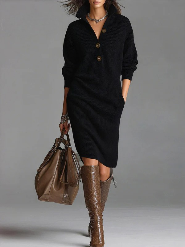 Women's Solid Color Stand Collar Long Sleeve Casual Loose Knitted Cotton  Dress