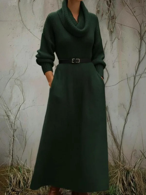 Cozy Elegant Cowl Collar Knit Cotton  Dress