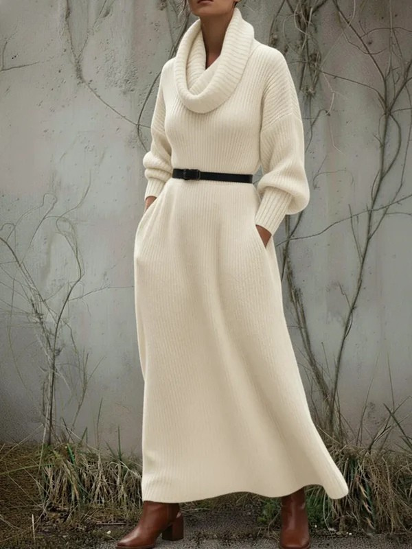 Cozy Elegant Cowl Collar Knit Cotton  Dress