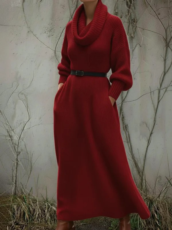 Cozy Elegant Cowl Collar Knit Cotton  Dress