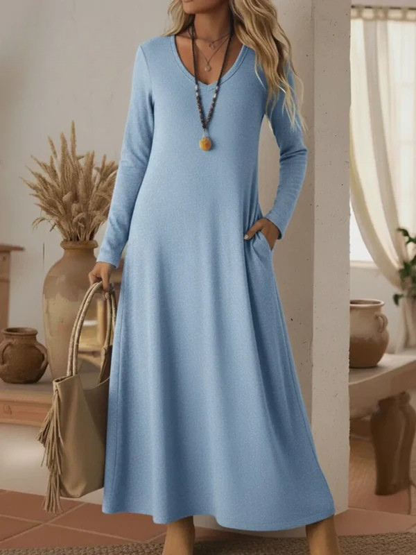 Cozy Basic Casual V-neck Solid Color Knit Cotton  Dress