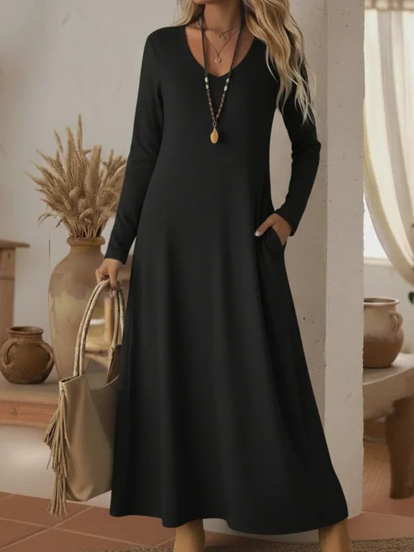 Cozy Basic Casual V-neck Solid Color Knit Cotton  Dress