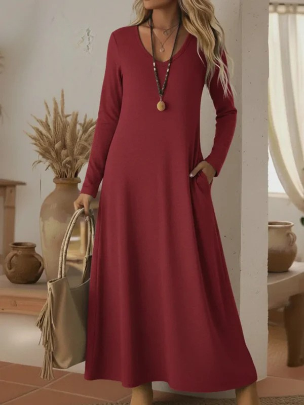 Cozy Basic Casual V-neck Solid Color Knit Cotton  Dress