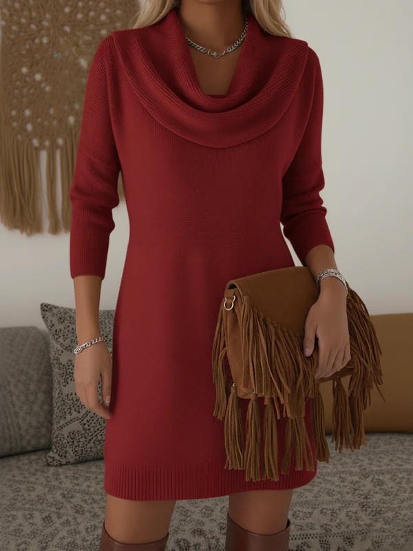 Elegant and Soft Solid Color Cowl Neck Knit Cotton  Dress