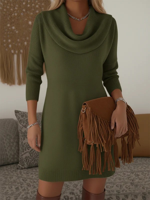 Elegant and Soft Solid Color Cowl Neck Knit Cotton  Dress