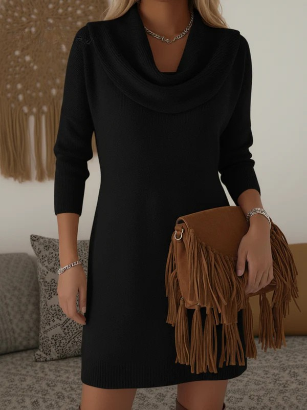Elegant and Soft Solid Color Cowl Neck Knit Cotton  Dress