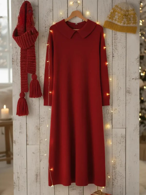 Retro Peter Pan Collar Knit Midi Cotton  Dress