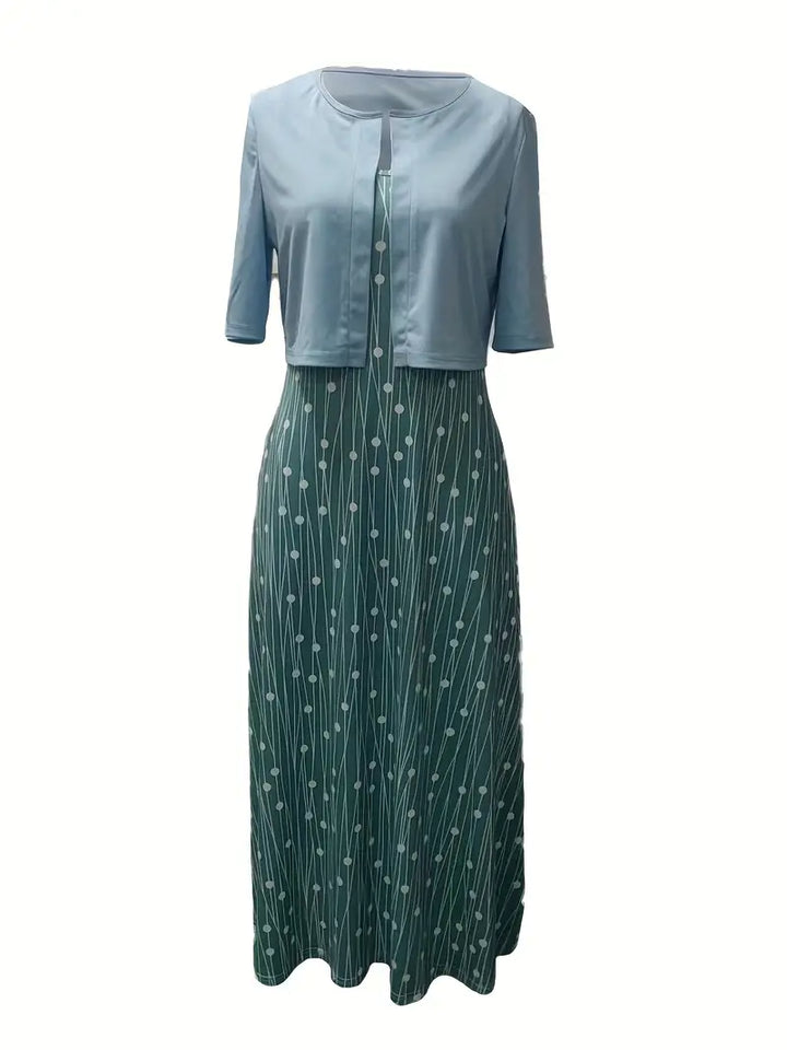 Stylish Floral Two-Piece Dress Set with Solid Crop Top and Round Neckline