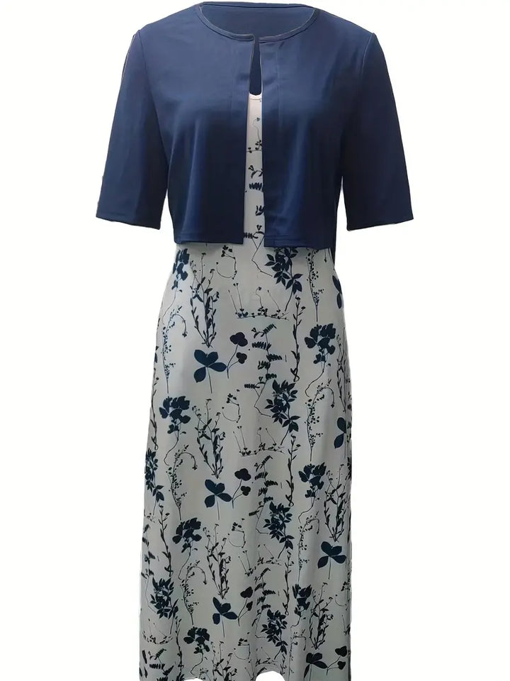 Stylish Floral Two-Piece Dress Set with Solid Crop Top and Round Neckline
