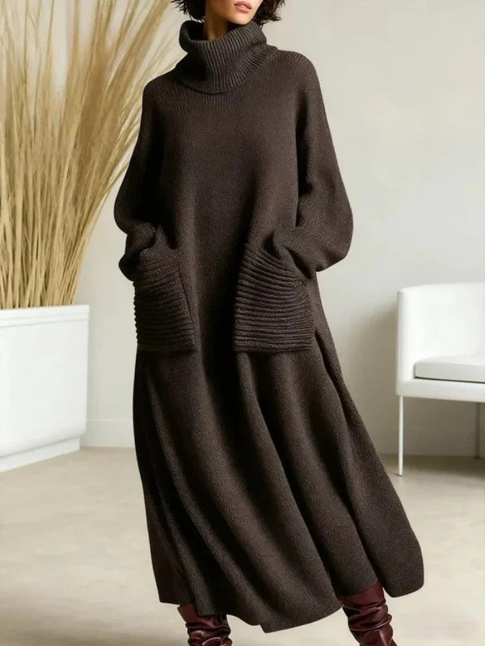 Women's Solid Color High-Neck Long-Sleeve Casual Cotton Knit Dress