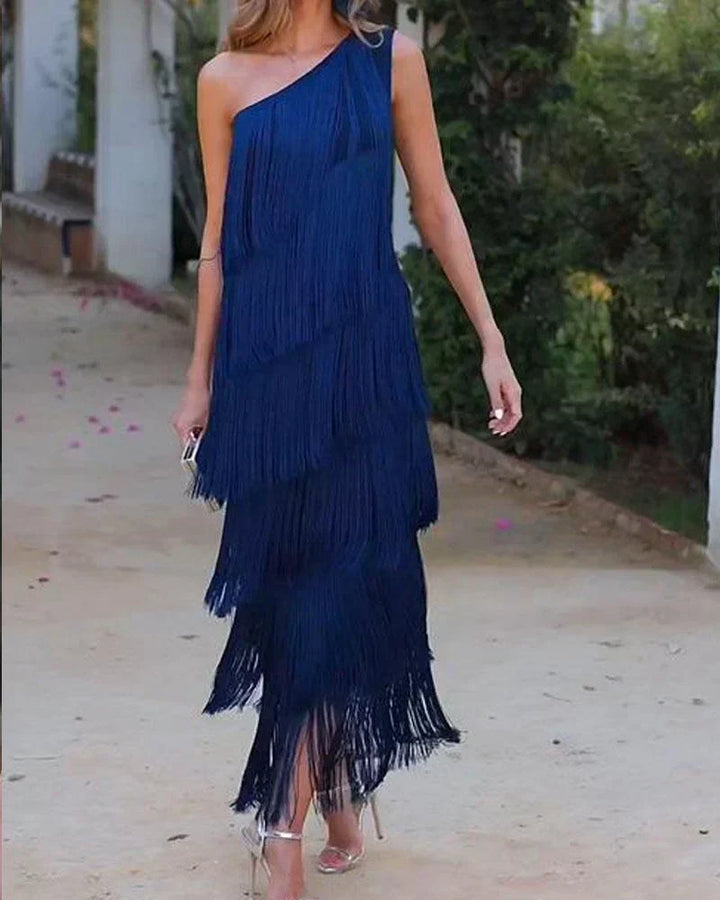 Chic Open-Shoulder Fringe Dress